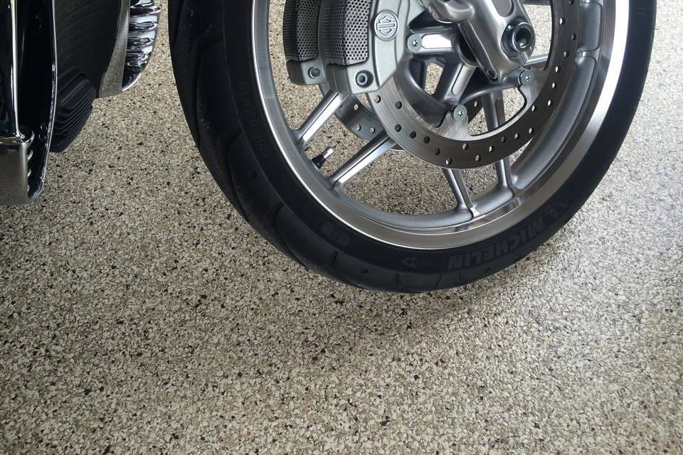 Motorcycle on flake coated floor